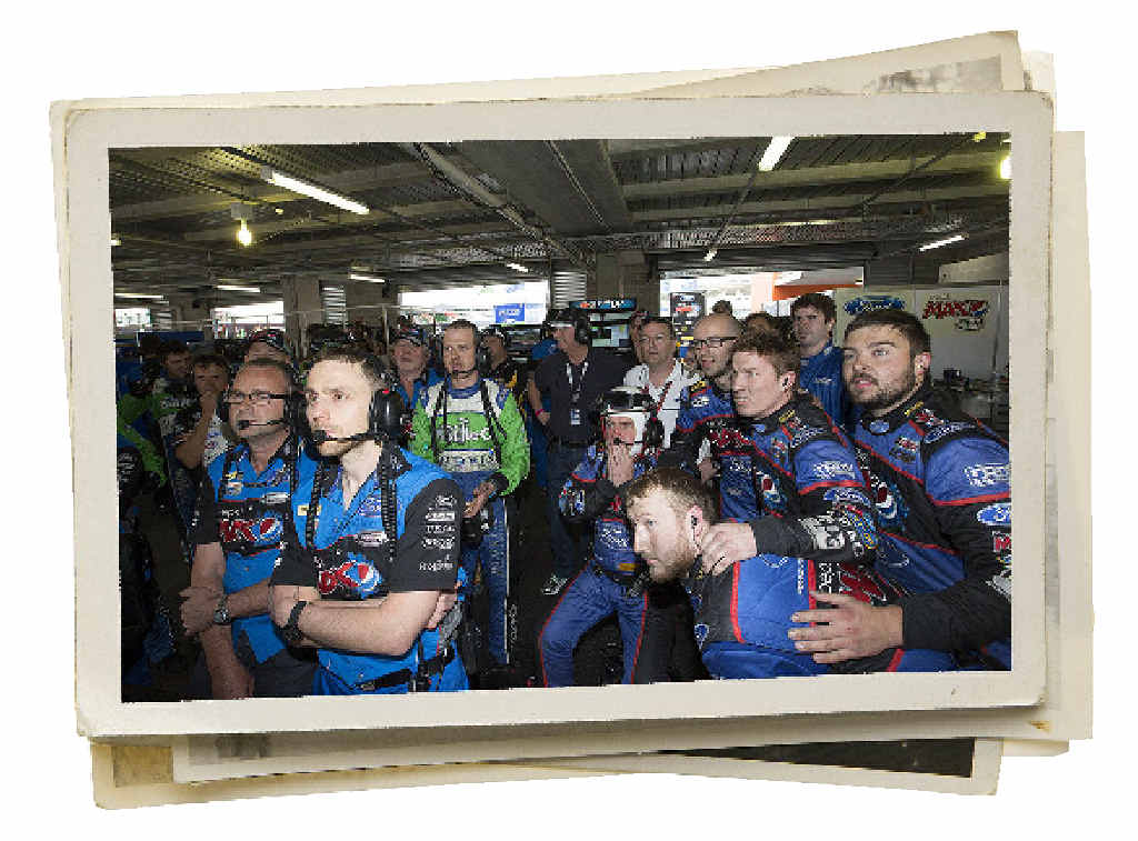 The Ford Performance Racing team watch the screen near the finish of the Supercheap Auto Bathurst 1000. The Ford Performance Racing team watch the screen near the finish of the Supercheap Auto Bathurst 1000.